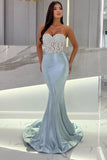 Suzhoufashion Mermaid Sky Blue Stain Sleeveless Sweetheart Long Prom Dress with Beadings