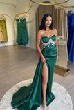 Split Front Dark Green Stain A-Line Sweetheart Sleeveless Prom Dresses with Beadings