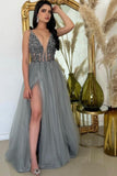 Suzhoufashion Slit Front V-Neck Spaghetti Straps Long Tulle Sleeveless Prom Dress with Beadings
