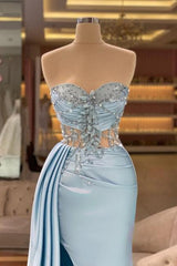 Suzhoufashion Column Slit Front Long Sweetheart Strapless Sleeveless Sky Blue Ruffle Satin Prom Dresses with Beadings