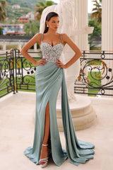 Suzhoufashion Column Trendy Sleeveless Spaghetti Straps Sweetheart Slit Front Ruffles Stain Prom Dresses with Beadings