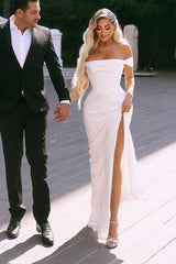 Suzhoufashion Elegant Slit Front Off-The-Shoulder Stain Short Sleeves Long Prom Dresses with Ruffles
