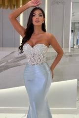 Suzhoufashion Mermaid Sky Blue Stain Sleeveless Sweetheart Long Prom Dress with Beadings
