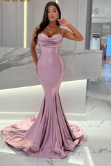 Suzhoufashion Mermaid Wisteria Ruffles Spaghetti Straps Long Sweetheart Satin Sleeveless Prom Dresses with Beadings