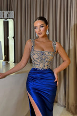 Suzhoufashion Sheath Royal Blue Straps Slit Front Square Sleeveless Jewelry Ruffles Long Stain Prom Dresses with Beadings