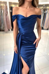 Suzhoufashion Stain Royal Blue Sweetheart Slit Front Off-the-Shoulder Strapless Prom Dresses with Ruffles
